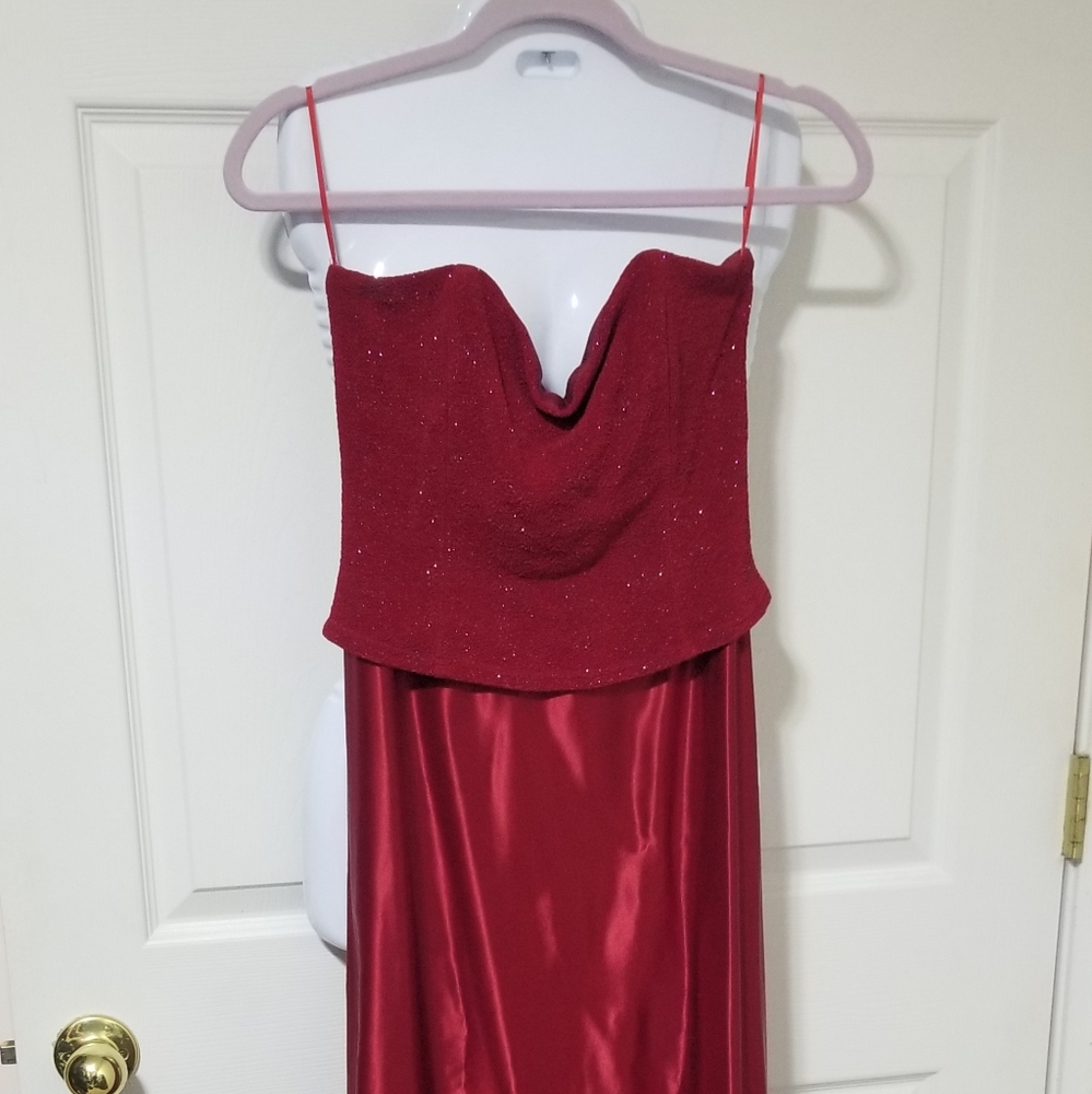 Red strapless evening gown, size 12